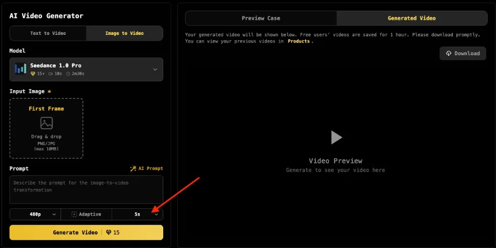 Resolution, aspect ratio, and 5s duration