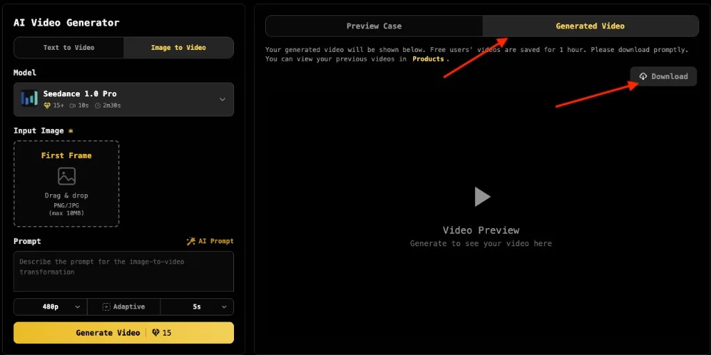 Generated Video tab with Download